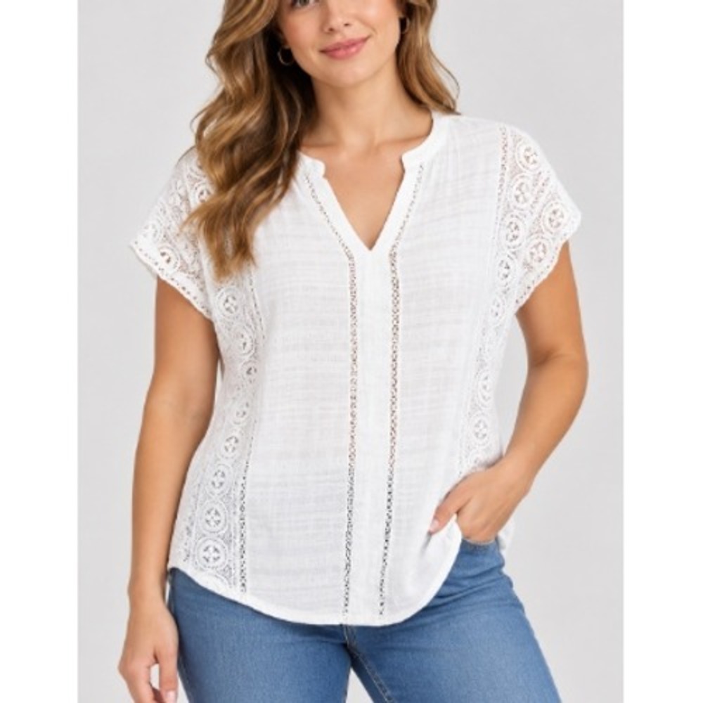 Lilyful Womens White Crochet Lace Boho Short Sleeve V-Neck Gauze Top Size S